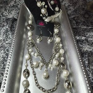 Paparazzi Silver Necklace with White Pearls 3 Pc Set
